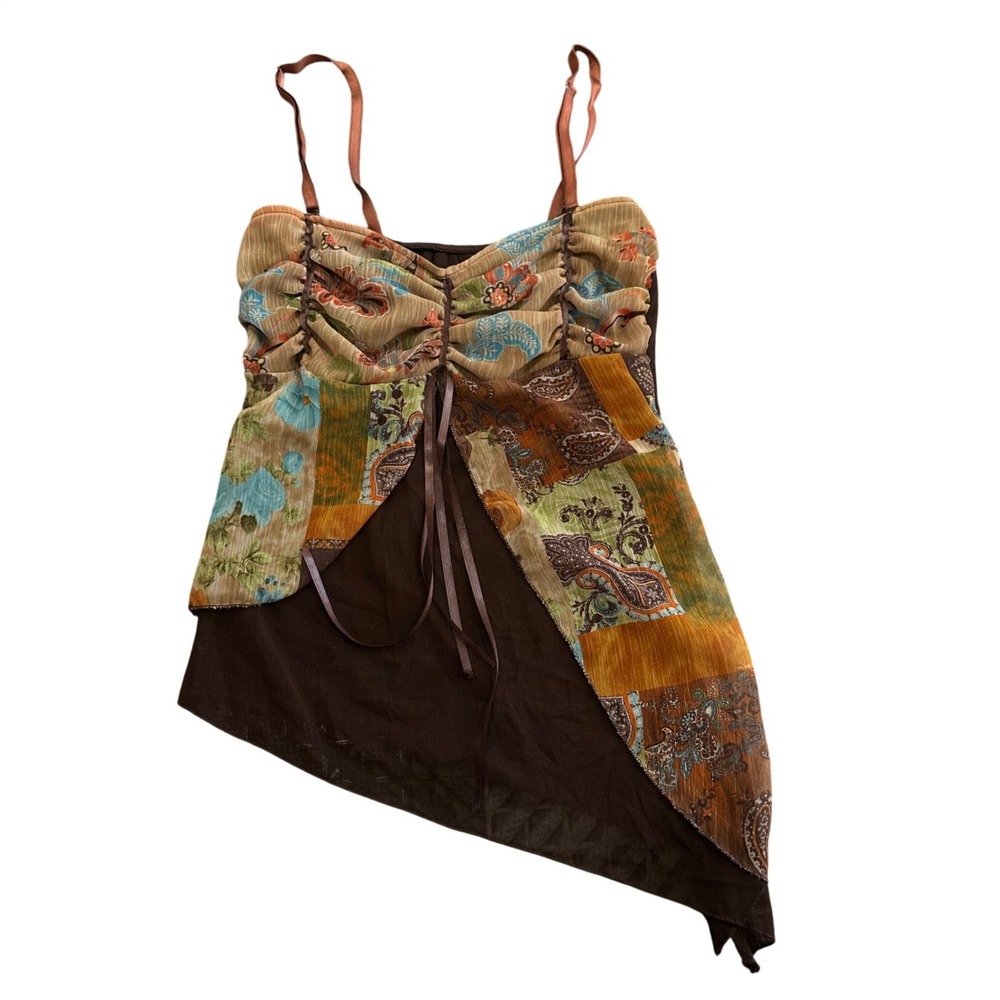 Made in Italy One Shoulder Mesh Patchwork Paisley Ruched Top Brown Boho Y2K